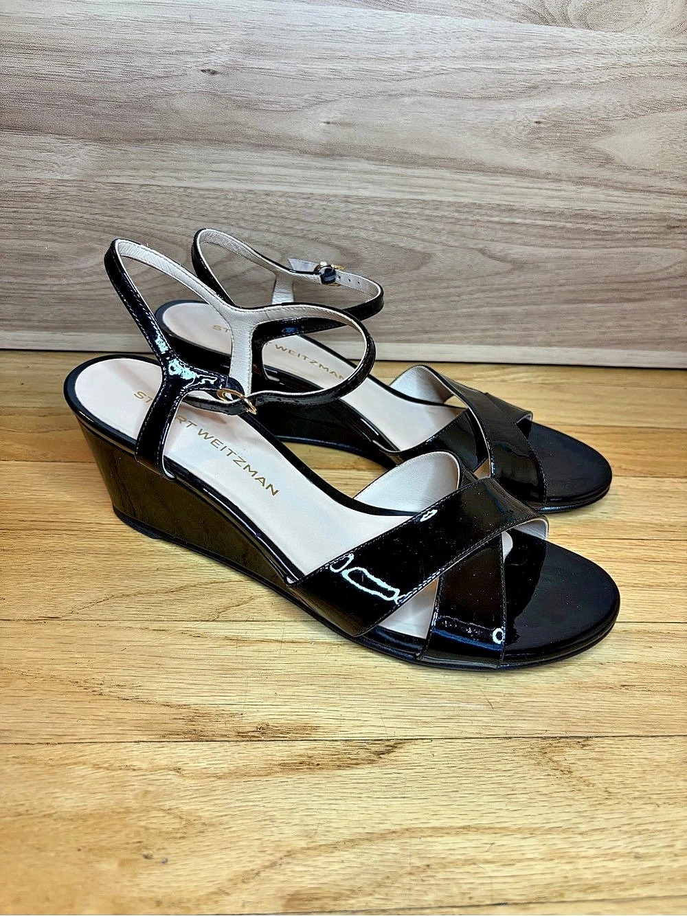 Stuart Weitzman Dayna Black Patent Leather Wedge Sandals - Size 11